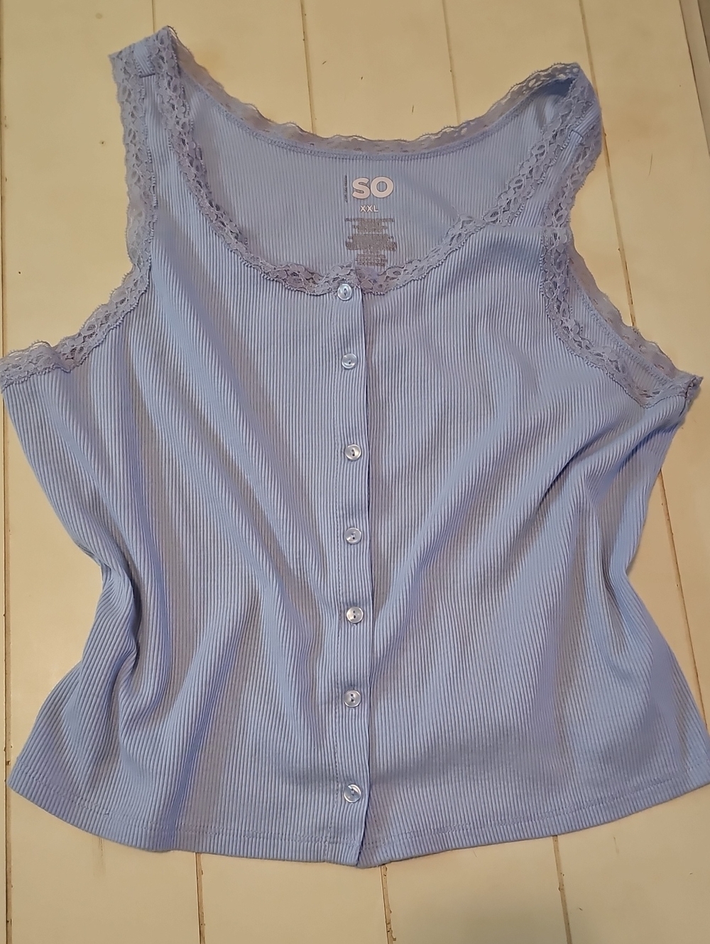 SO Light Blue Ribbed Lace-Trim Button-Front Cami